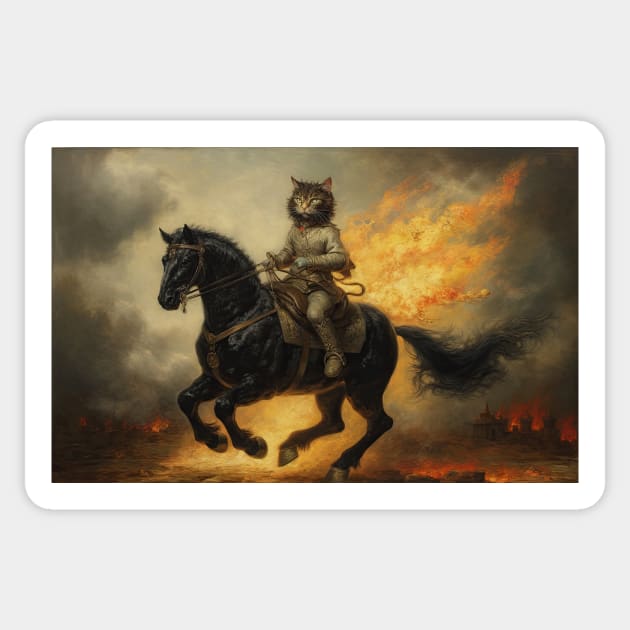 Mr Whiskers the Battle Cat Rides a War Horse Sticker by JensenArtCo